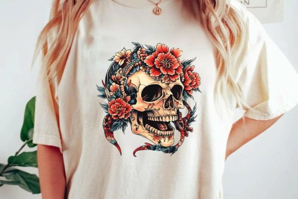 Download Vintage Floral Skull Tattoo Design with Snake Neo Traditional Illustration Png - Design Collection