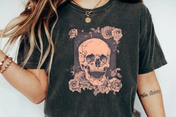Download Vintage Gothic Skull with Roses Aesthetic Floral Tattoo Design Png - Design Collection