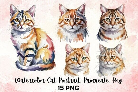 Download Watercolor Cat Portrait, Procreate Png - Cat Collection